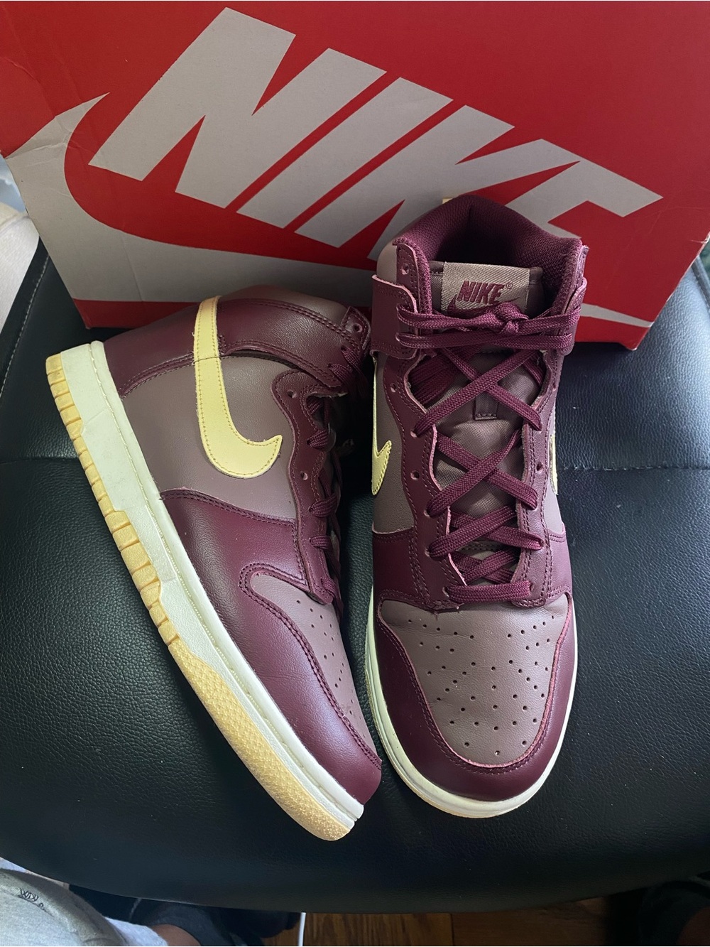 Nike Dunk Plum Eclipse Women’s High-Top Sneakers in Burgundy and Pale Yellow 8.5